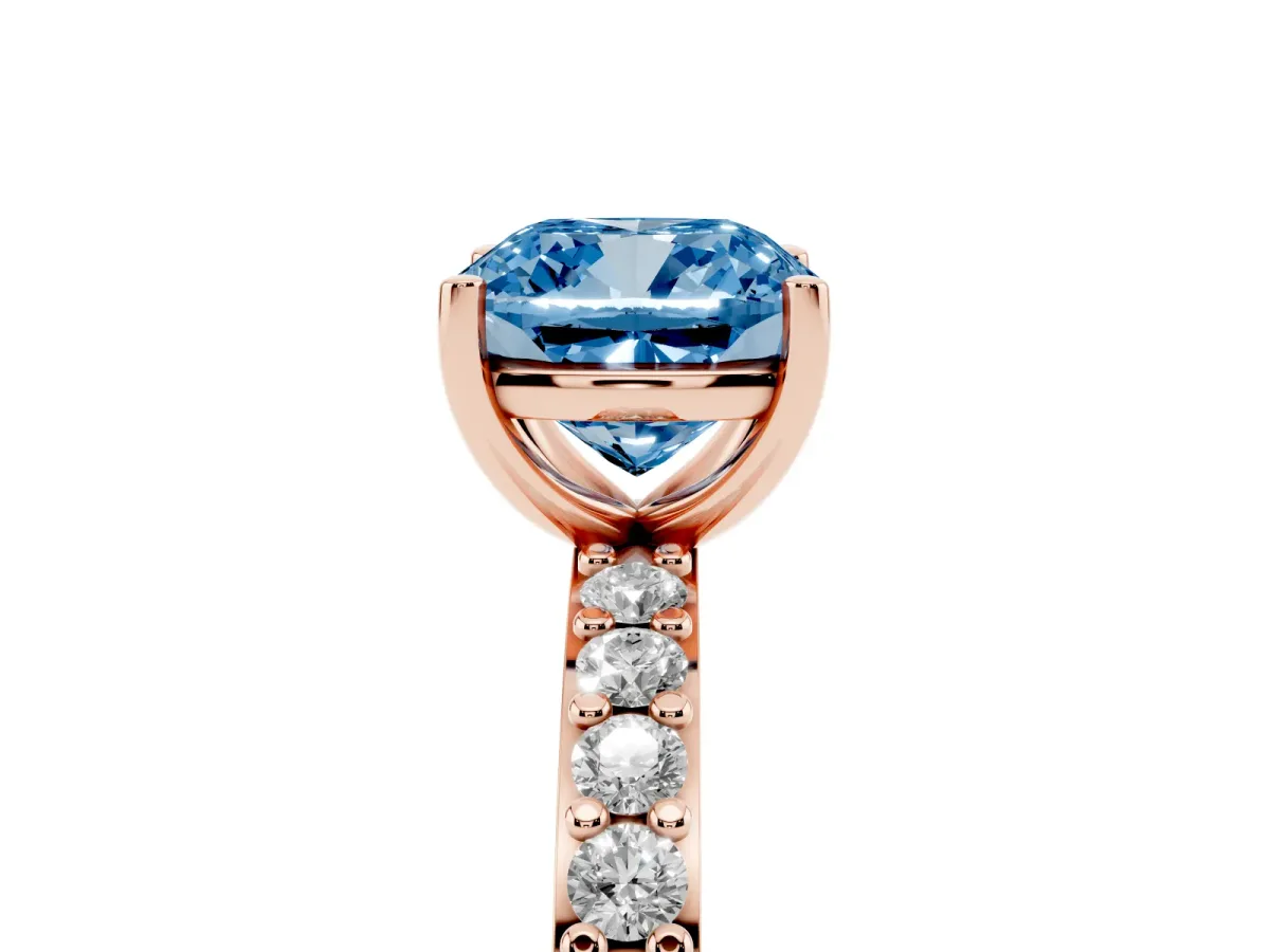 Fancy Blue Cushion Cut Cut Diamond Solitaire with Pave Band and Four-Prong Setting Rose gold