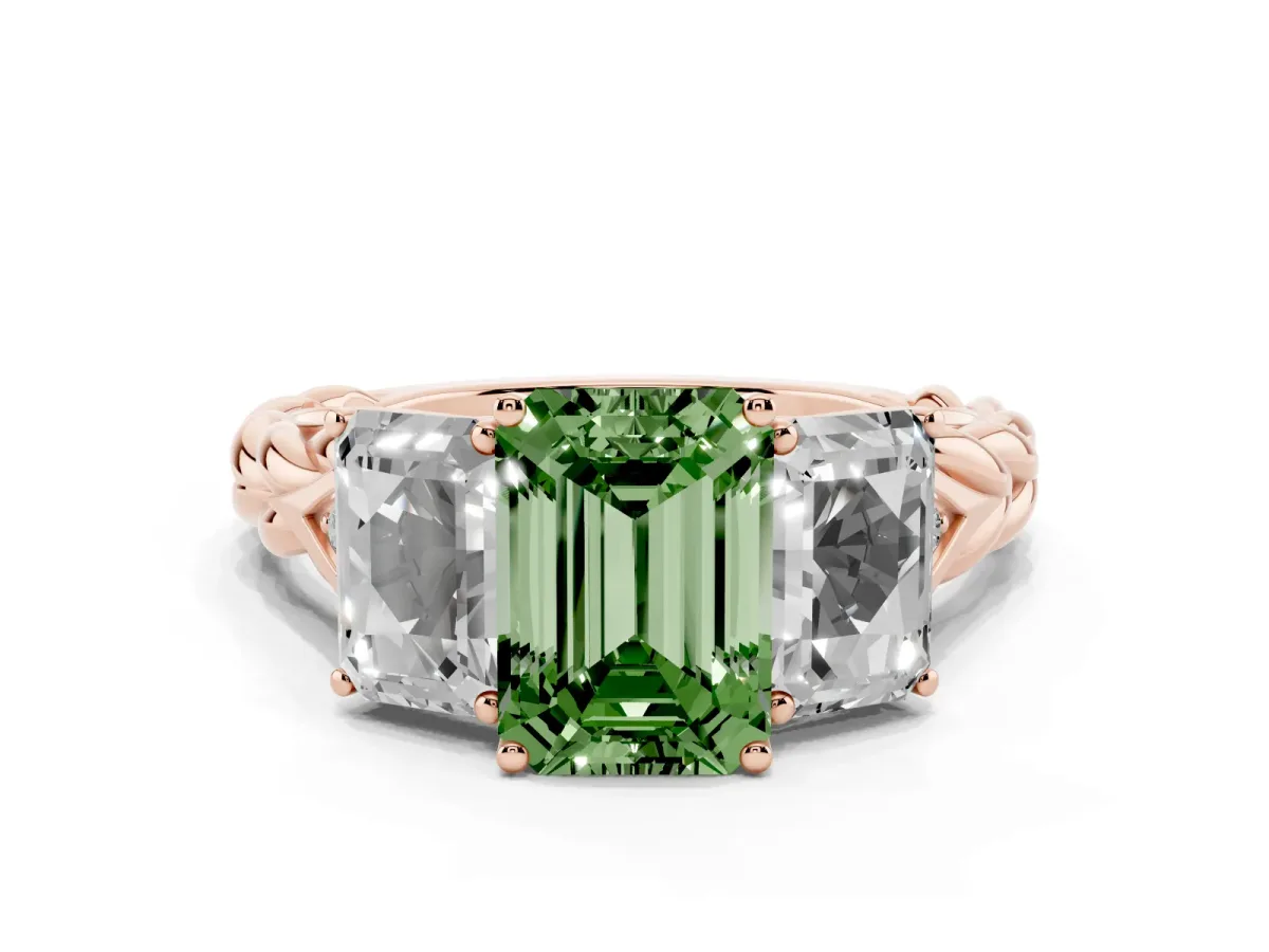 Fancy Green Three-Stone Emerald Cut Diamond Braided Band Ring with Four-Prong Setting Rose gold