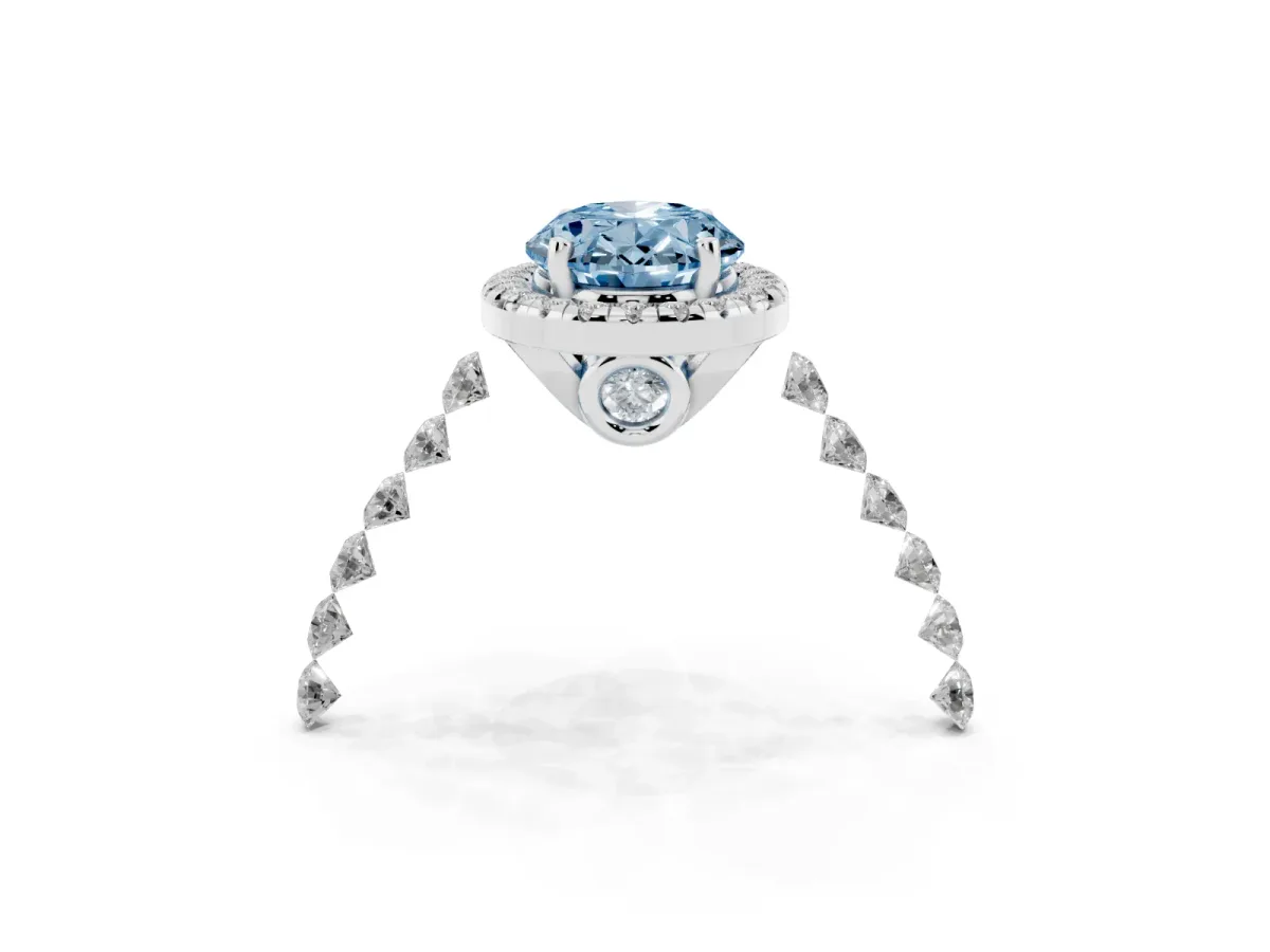 Fancy Blue Oval Cut Halo Pavé Diamond Engagement Ring with Four-Prong Setting Silver