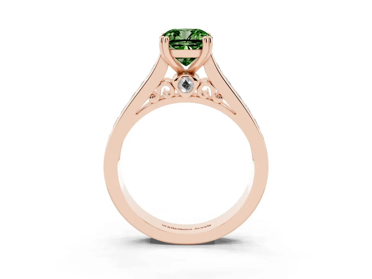 Fancy Green Cushion Cut Cut Channel Set Solitaire Engagement Ring with Prong Setting Rose gold