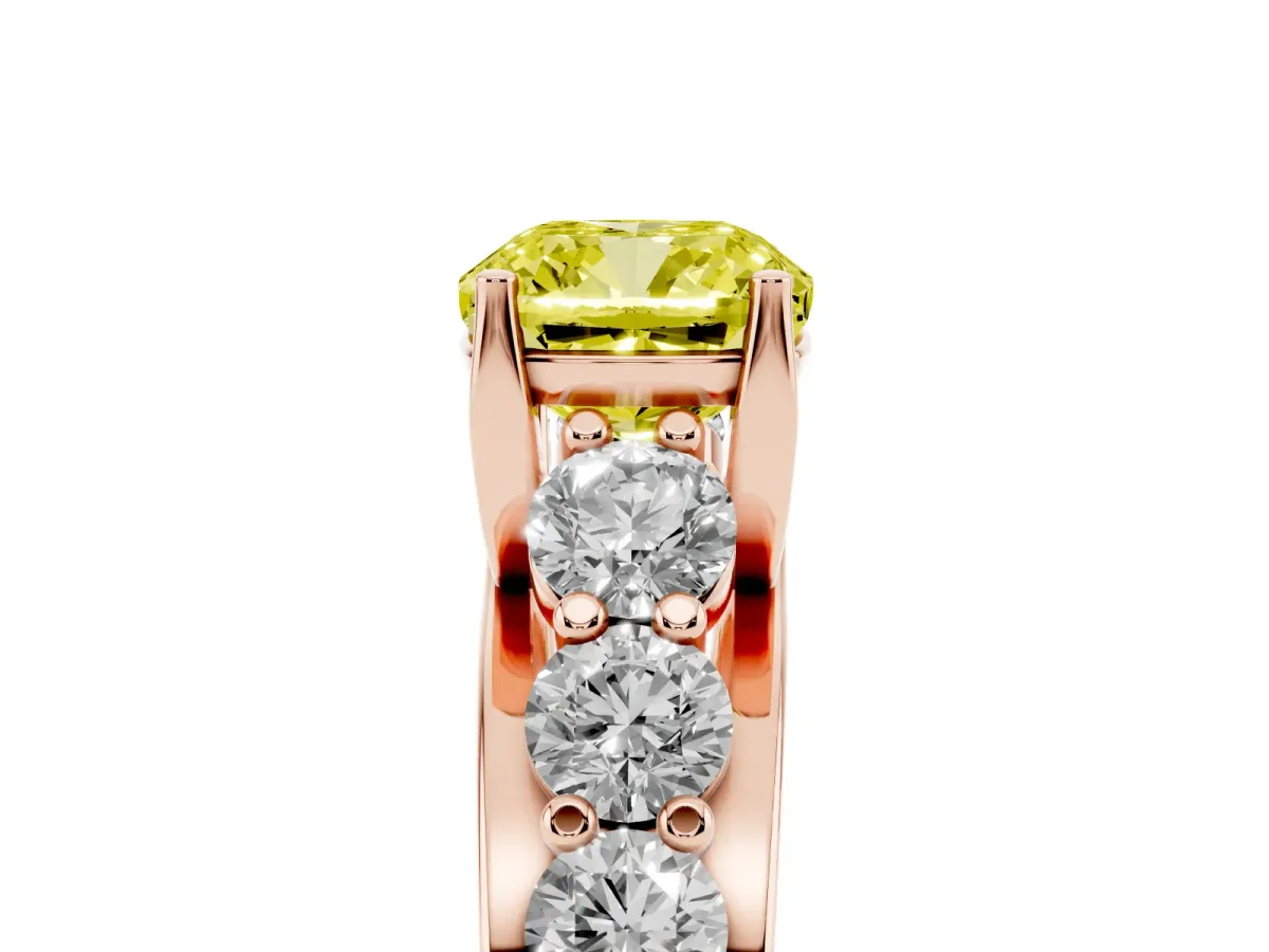 Fancy Yellow Cushion Cut Diamond Engagement Ring with Pavé Band and Four-Prong Setting Rose gold