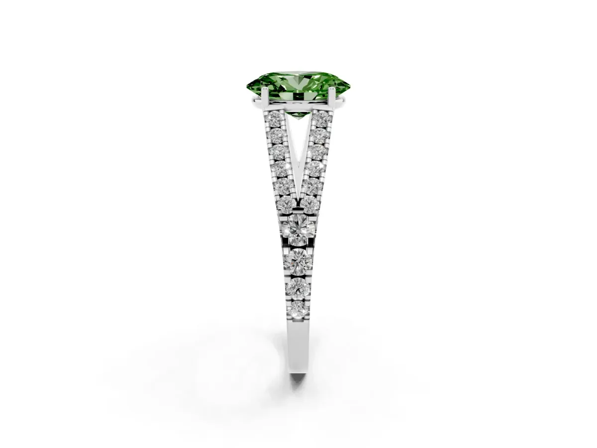 Fancy Green Oval Cut Diamond Split Shank Engagement Ring with Round Pavé and Prong Setting Platinum