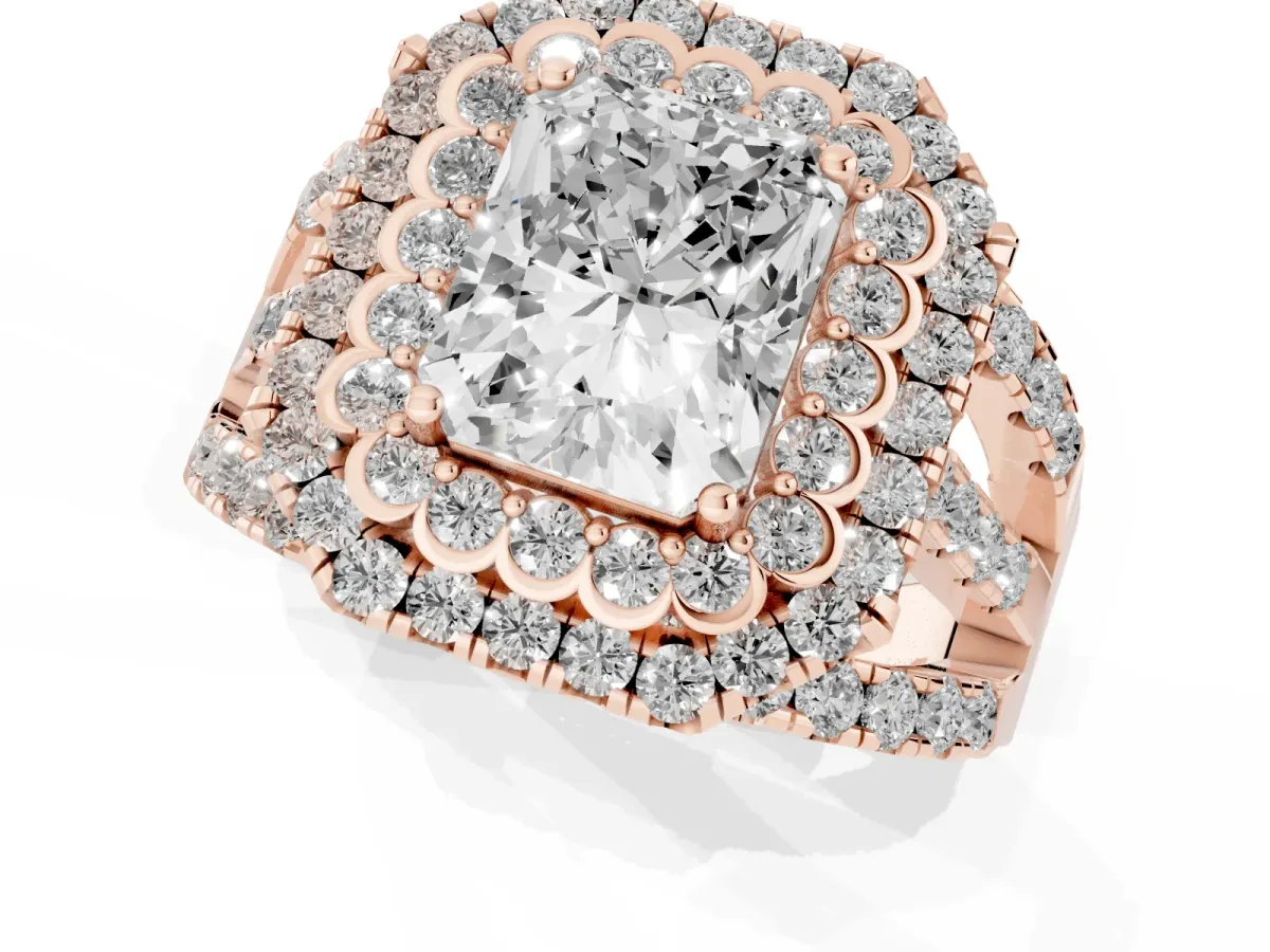 Radiant Cut Diamond Double Halo Ring with Round Pavé Split Shank and Prong Setting Rose gold