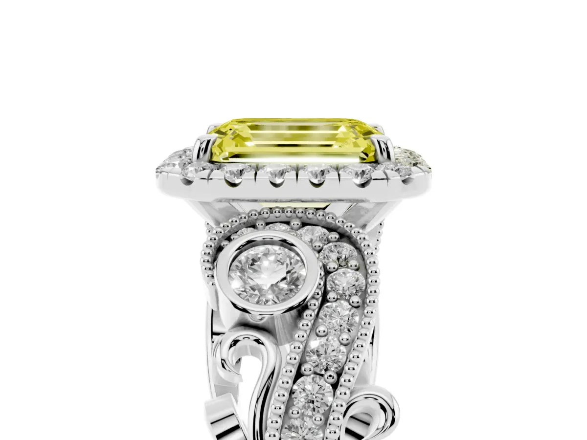 Fancy Yellow Emerald Cut Halo Diamond Ring with Milgrain and Bezel Accents on a Split Shank Band Platinum