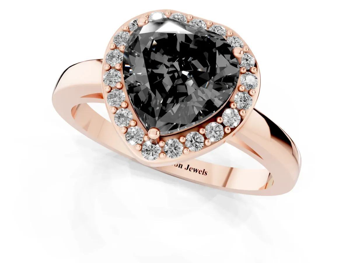 Fancy Black Heart Cut Halo Diamond Ring with Solitaire Band and Prong Setting Rose gold