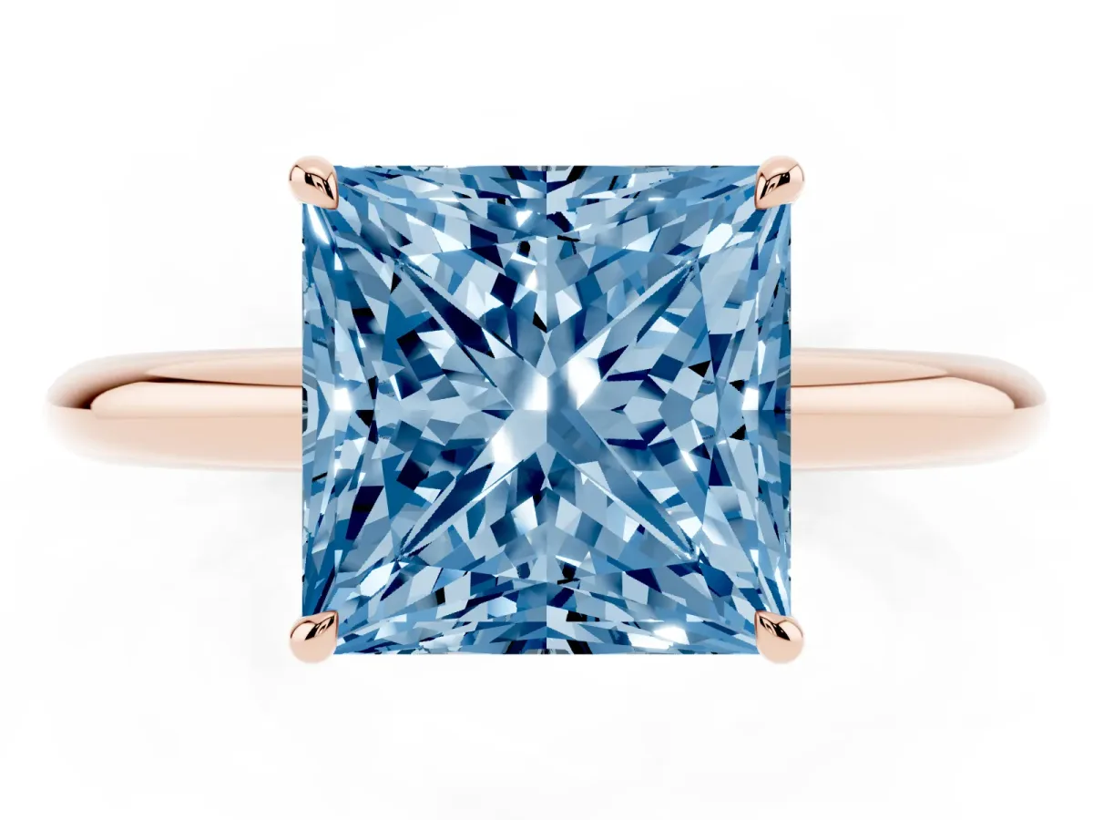 Fancy Blue Princess Cut Brilliant Solitaire Engagement Ring with Six-Prong Setting and Classic Band Rose gold