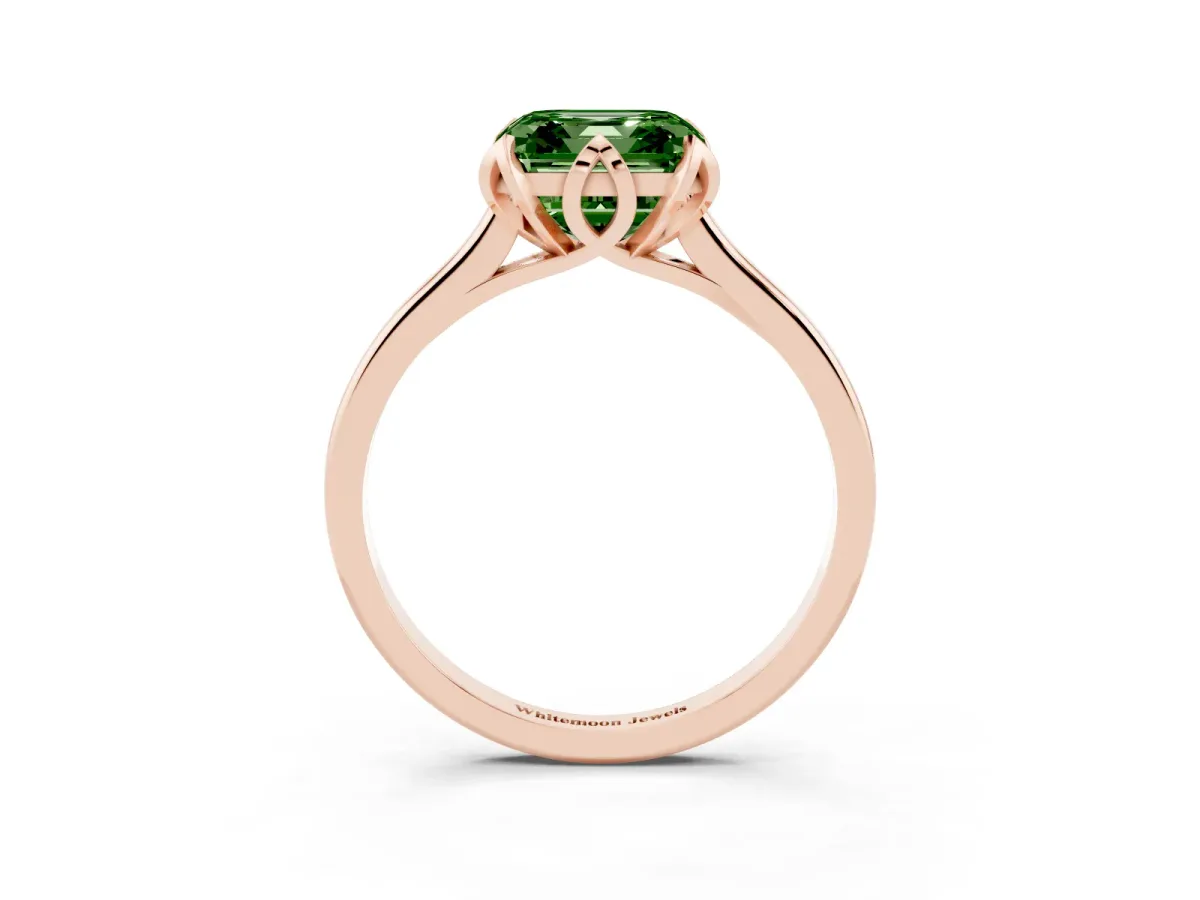 Fancy Green Asscher Cut Diamond Solitaire Ring with Flower Prong Setting and Classic Band Rose gold