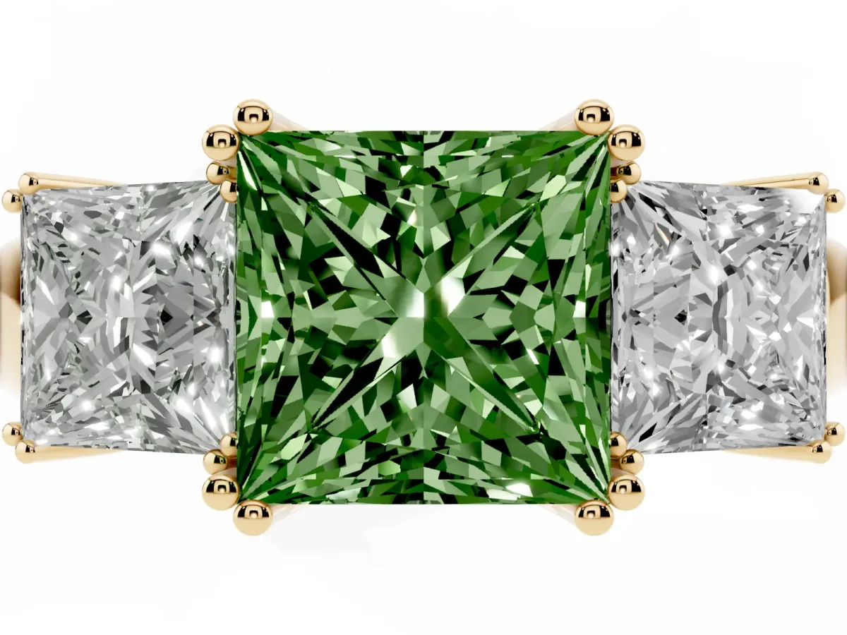 Fancy Green Three-Stone Princess Cut Cut Diamond Ring with Channel Set Band and Four-Prong Setting Yellow gold