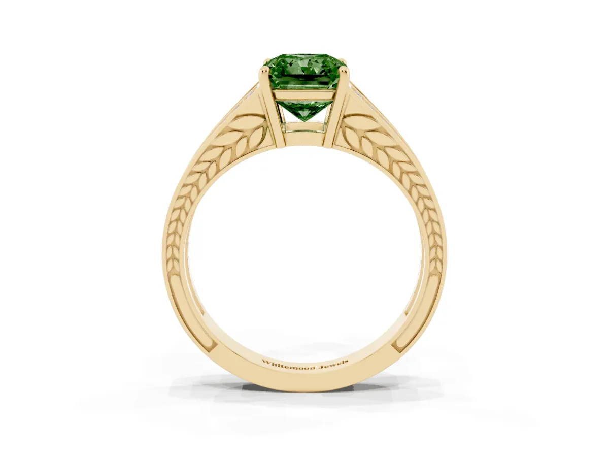 Fancy Green Radiant Cut Diamond Split Shank Ring with Pavé Band and Four-Prong Setting Yellow gold