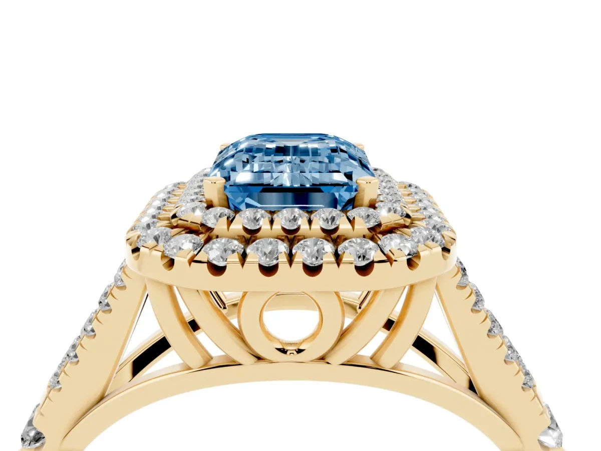 Fancy Blue Emerald Cut Diamond Pavé Split Shank Double Halo Engagement Ring Yellow gold