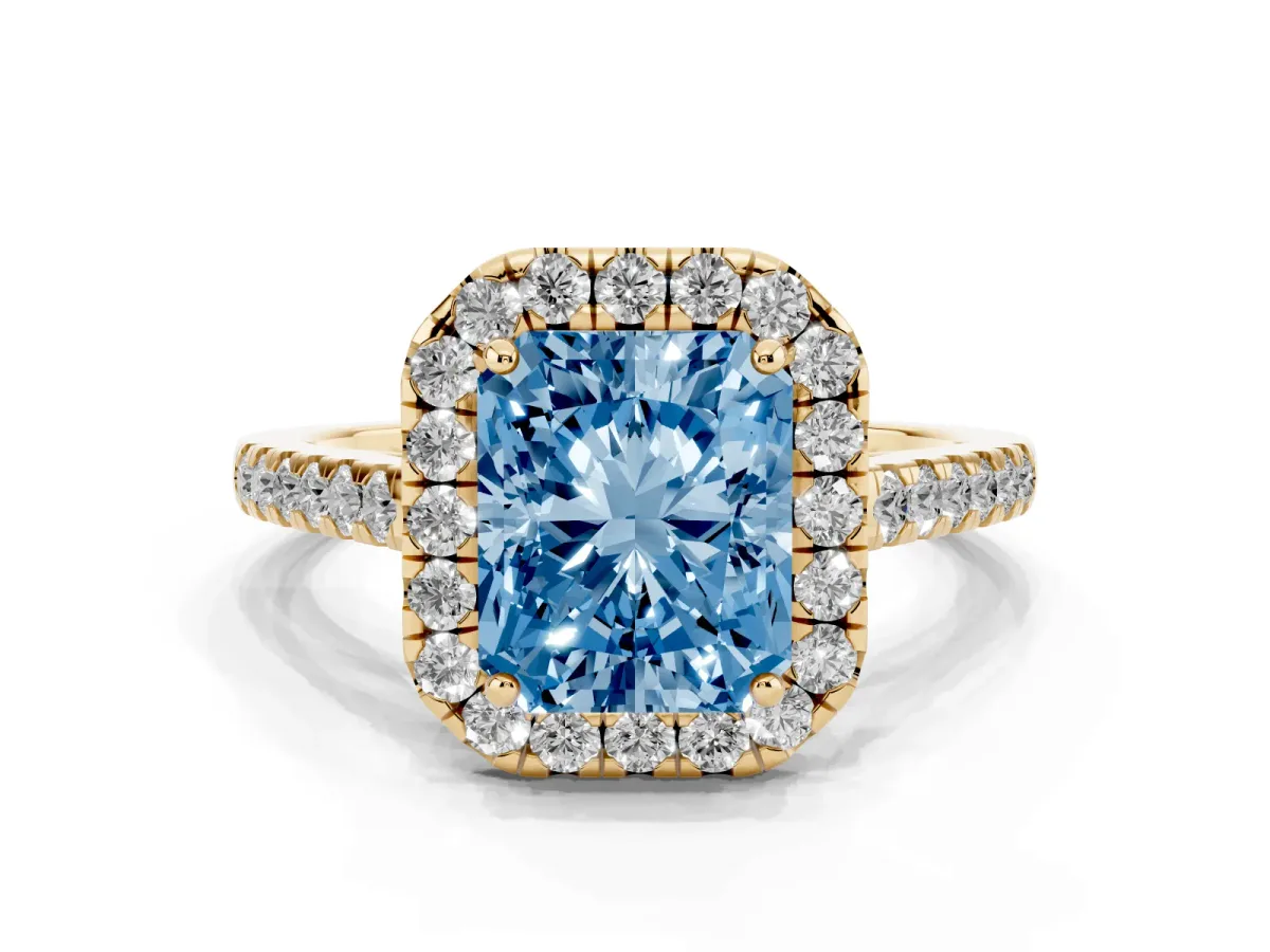 Fancy Blue Radiant Cut Halo Pave Diamond Engagement Ring with Four-Prong Setting Yellow gold