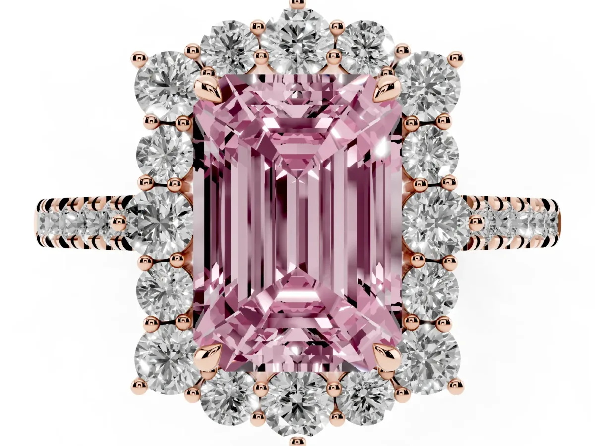 Fancy Pink Emerald Cut Halo Diamond Ring with Pavé Band and Prong Setting Rose gold