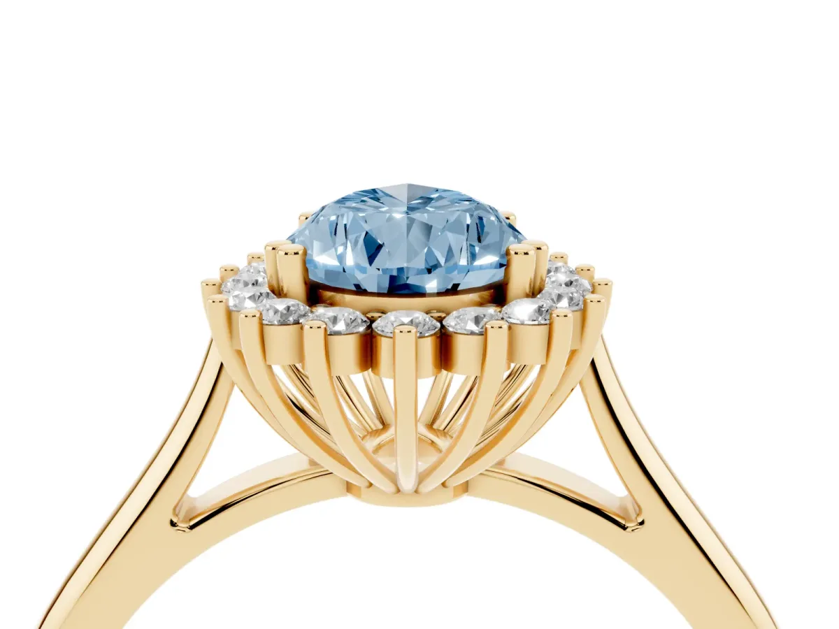 Fancy Blue Pear Cut Cut Diamond Halo Ring with Solitaire Band and Prong Setting Yellow gold