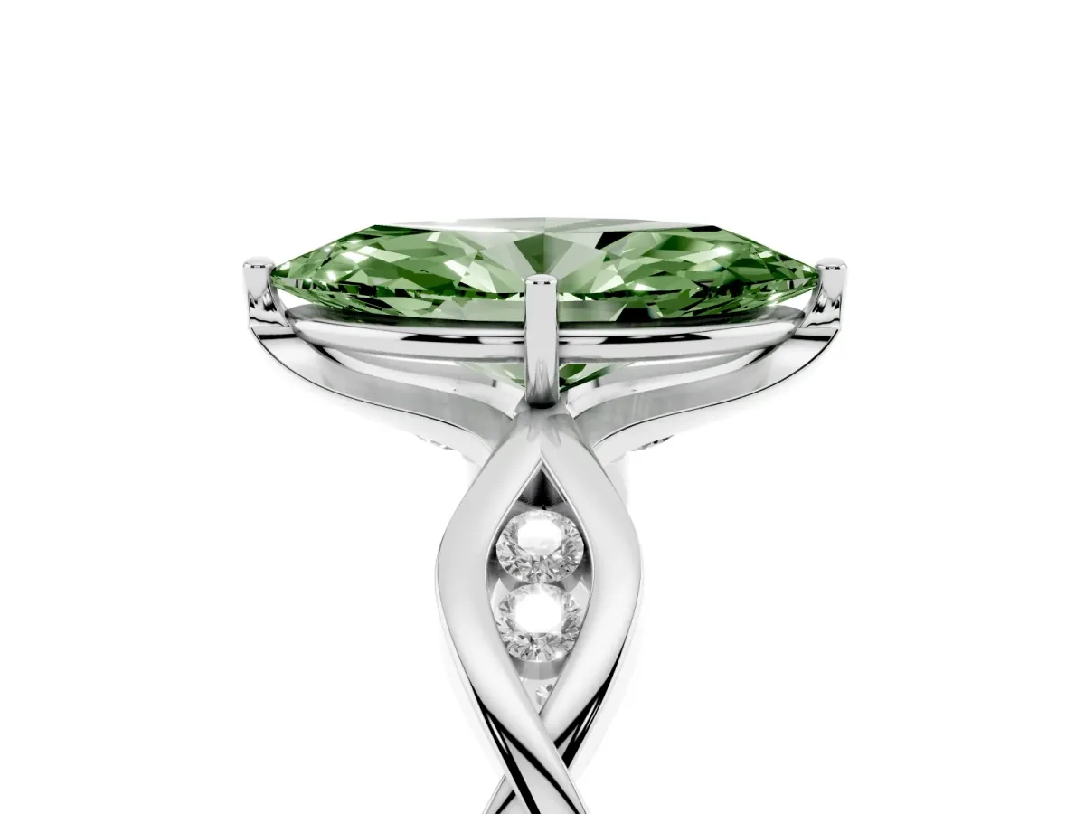 Fancy Green Marquise Cut Solitaire Twist Band with Leaf Prong Setting Silver