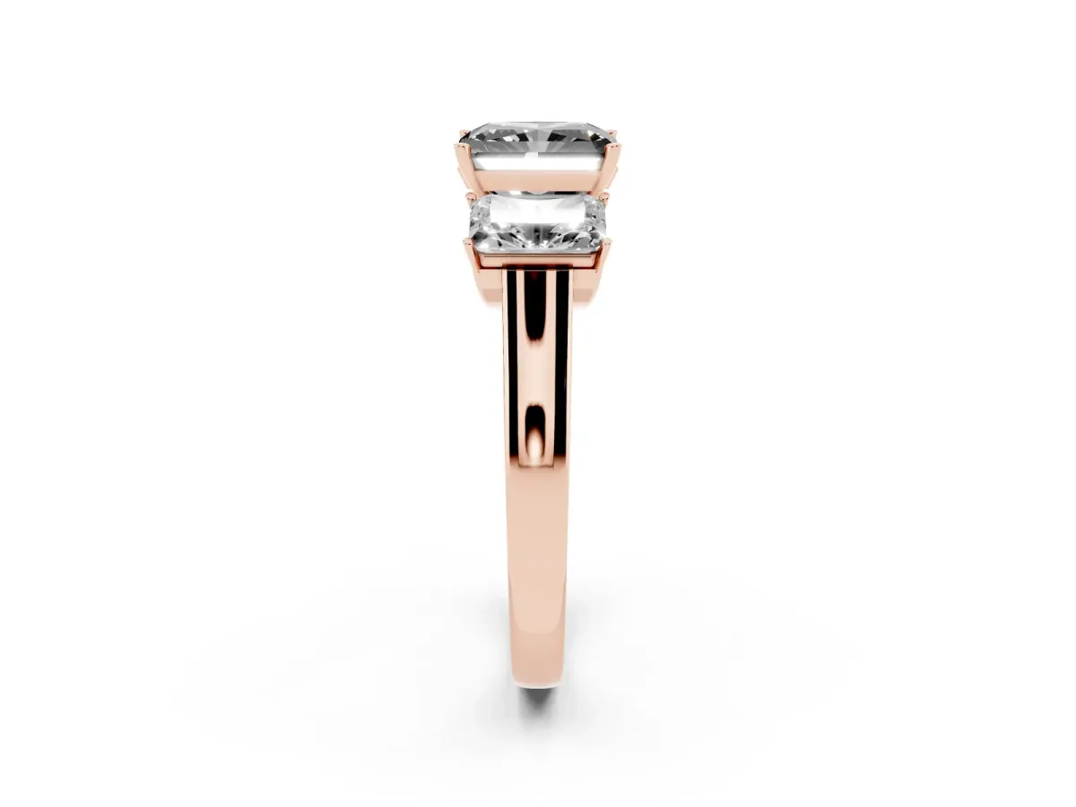 Fancy Black Three-Stone Radiant Cut Brilliant Diamond Trellis Ring with Comfort Fit Band Rose gold