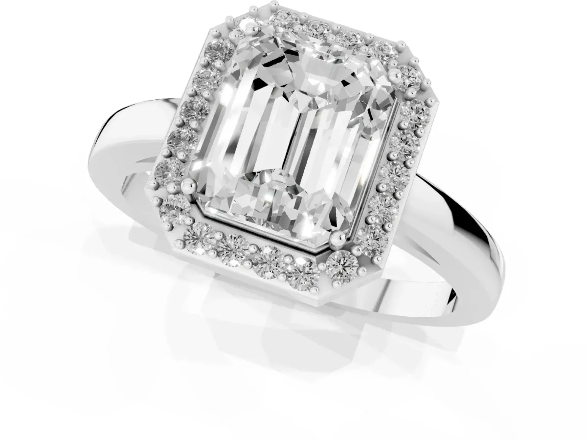 Radiant Cut Halo Diamond Ring with Solitaire Band and Prong Setting Silver