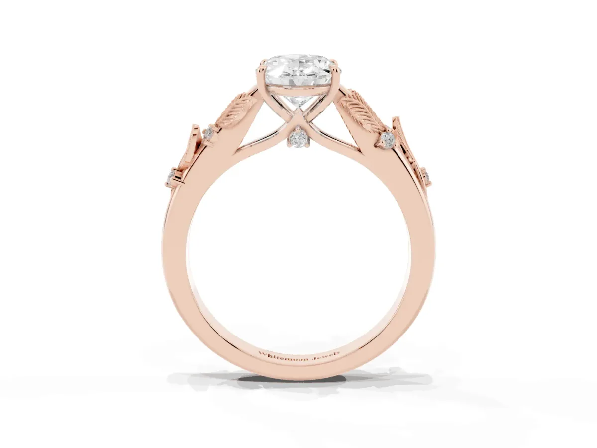 Oval Cut Diamond Solitaire Ring with Leaf Motif Band and Four-Prong Setting Rose gold