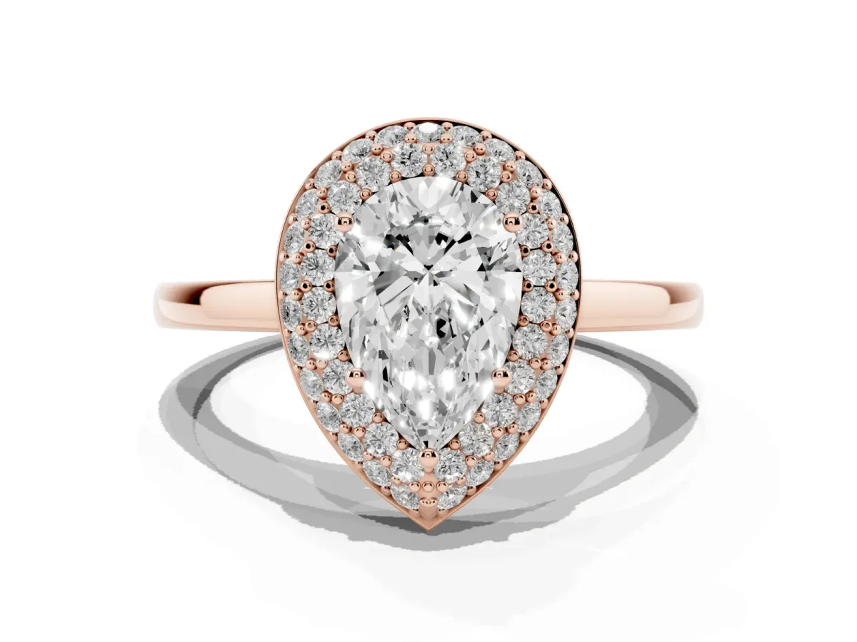Pear Cut Halo Diamond Engagement Ring with Solitaire Band and Four-Prong Setting Rose gold
