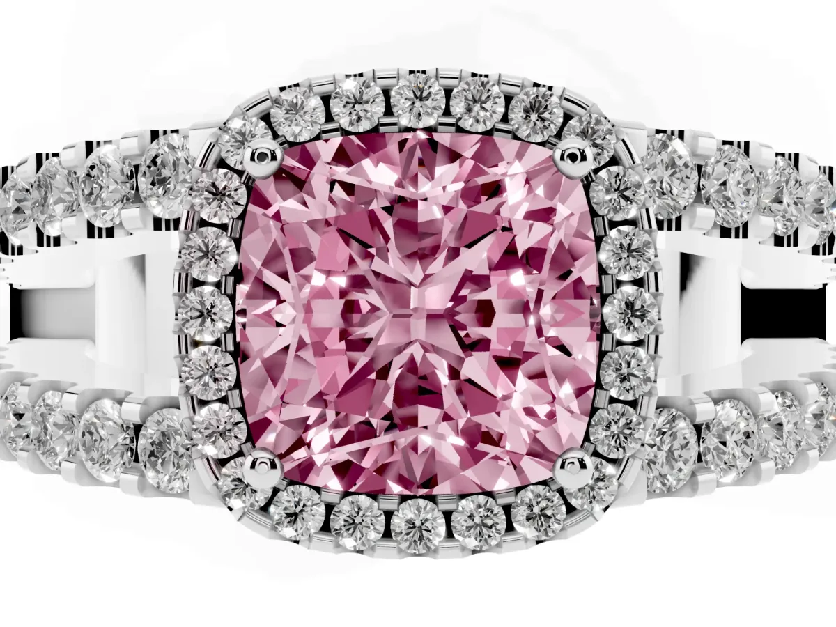 Fancy Pink Cushion Cut Cut Halo Split Shank Diamond Ring with Four-Prong Setting Silver