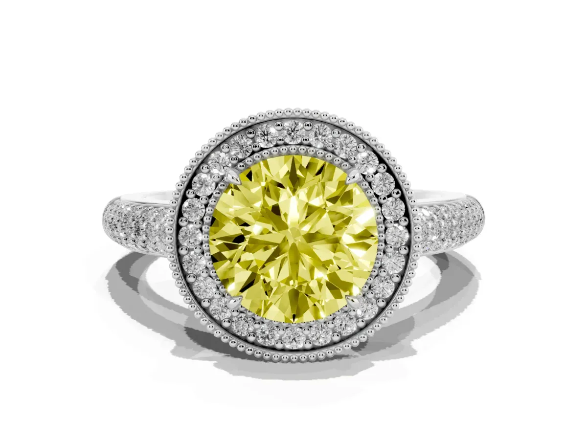 Fancy Yellow Round Cut Cut Halo Diamond Pave Band with Four-Prong Setting Silver