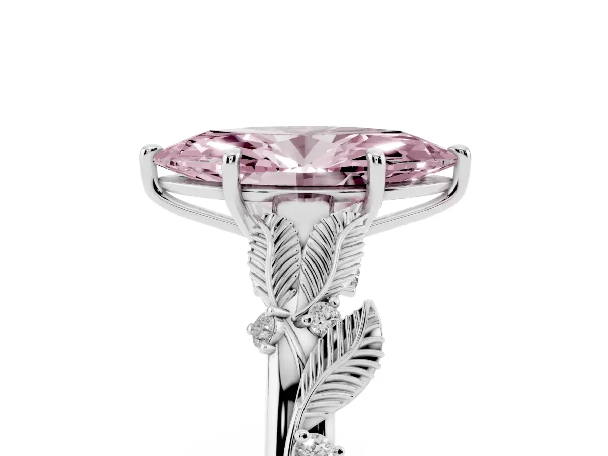Fancy Pink Marquise Cut Diamond Solitaire Ring with Leaf Motif Band and Four-Prong Setting Silver