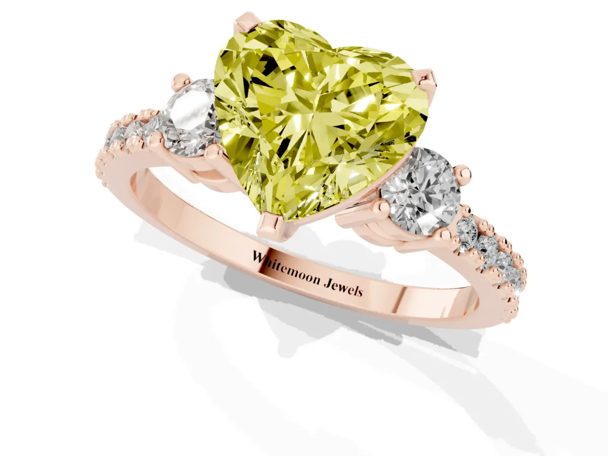 Fancy Yellow Heart Cut Three-Stone Diamond Pavé Band with Prong Setting Rose gold
