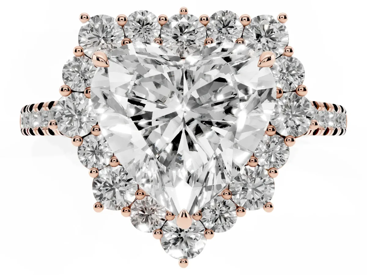 Heart Cut Halo Diamond Ring with Pavé Band and Prong Setting Rose gold