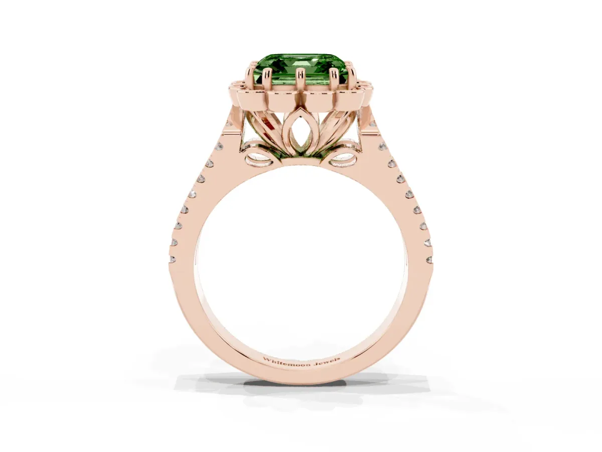 Fancy Green Asscher Cut Halo Diamond Floral Split Shank Engagement Ring Rose gold