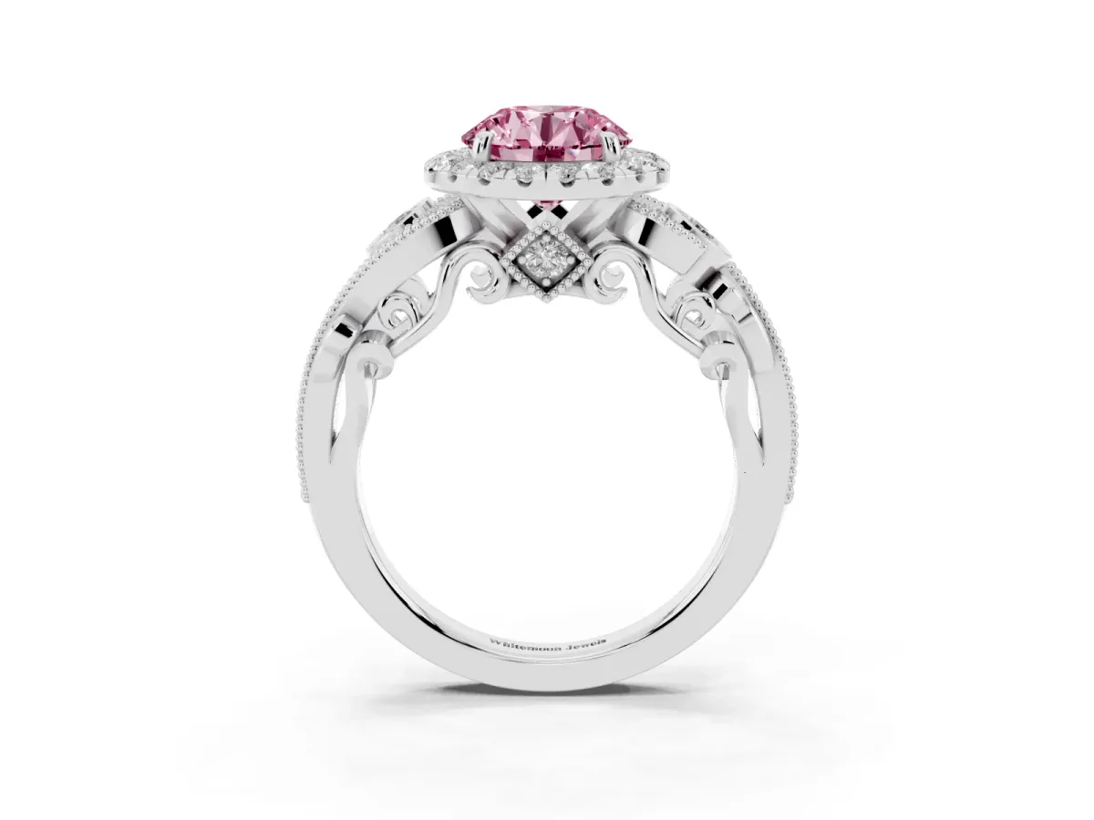 Fancy Pink Round Cut Halo Diamond Ring with Milgrain and Bezel Accents on a Split Shank Band White gold