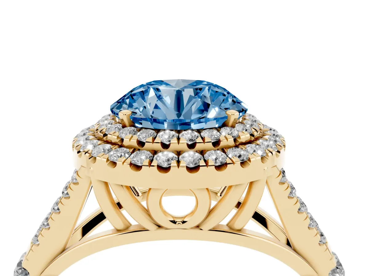 Fancy Blue Round Cut Cut Double Halo Split Shank Diamond Ring with Prong Setting Yellow gold