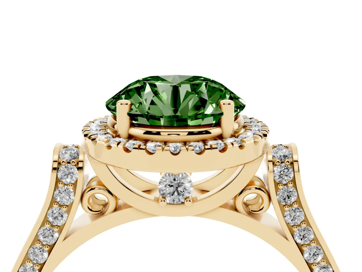 Fancy Green Round Cut Halo Pave Split Shank Prong Setting Ring Yellow gold