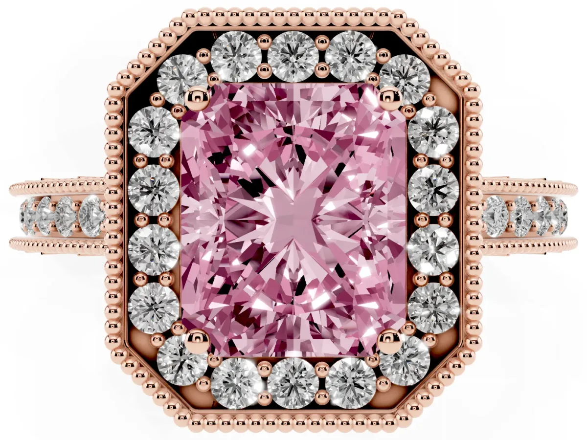 Fancy Pink Radiant Cut Diamond Milgrain Halo Engagement Ring with Round Pavé Band and Prong Setting Rose gold