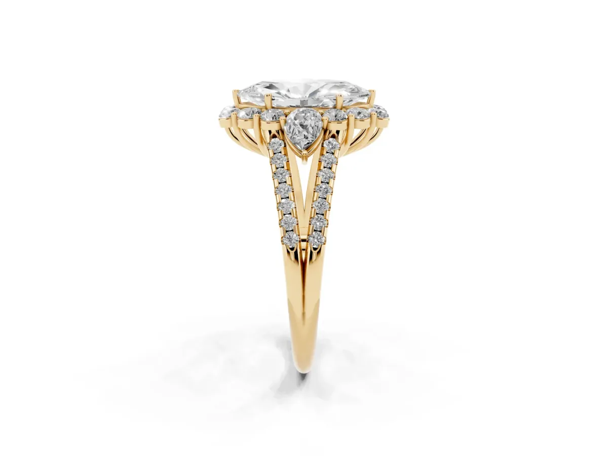 Marquise Cut Halo Split Shank Diamond Engagement Ring with Prong Setting Yellow gold
