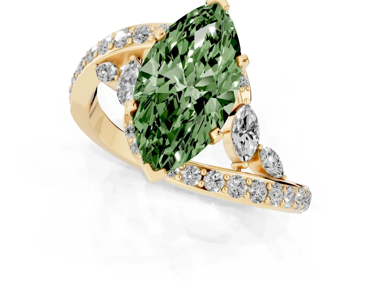 Fancy Green Marquise Cut Solitaire with Pavé Twist Band and Four-Prong Setting Yellow gold