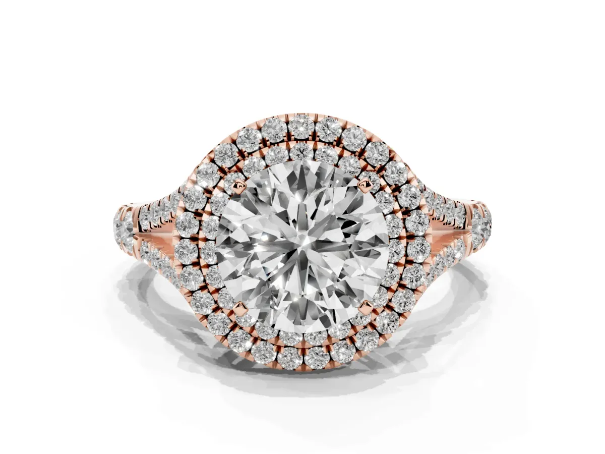 Round Cut Diamond Double Halo Ring with Split Shank and Prong Setting Rose gold