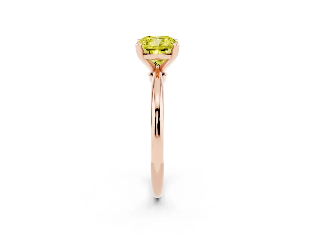 Fancy Yellow Cushion Cut Diamond Solitaire Ring with Prong Setting and Classic Band Rose gold