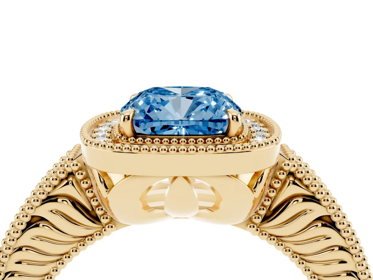 Fancy Blue Cushion Cut Cut Halo Diamond Ring with Pavé Band and Four-Prong Setting Yellow gold
