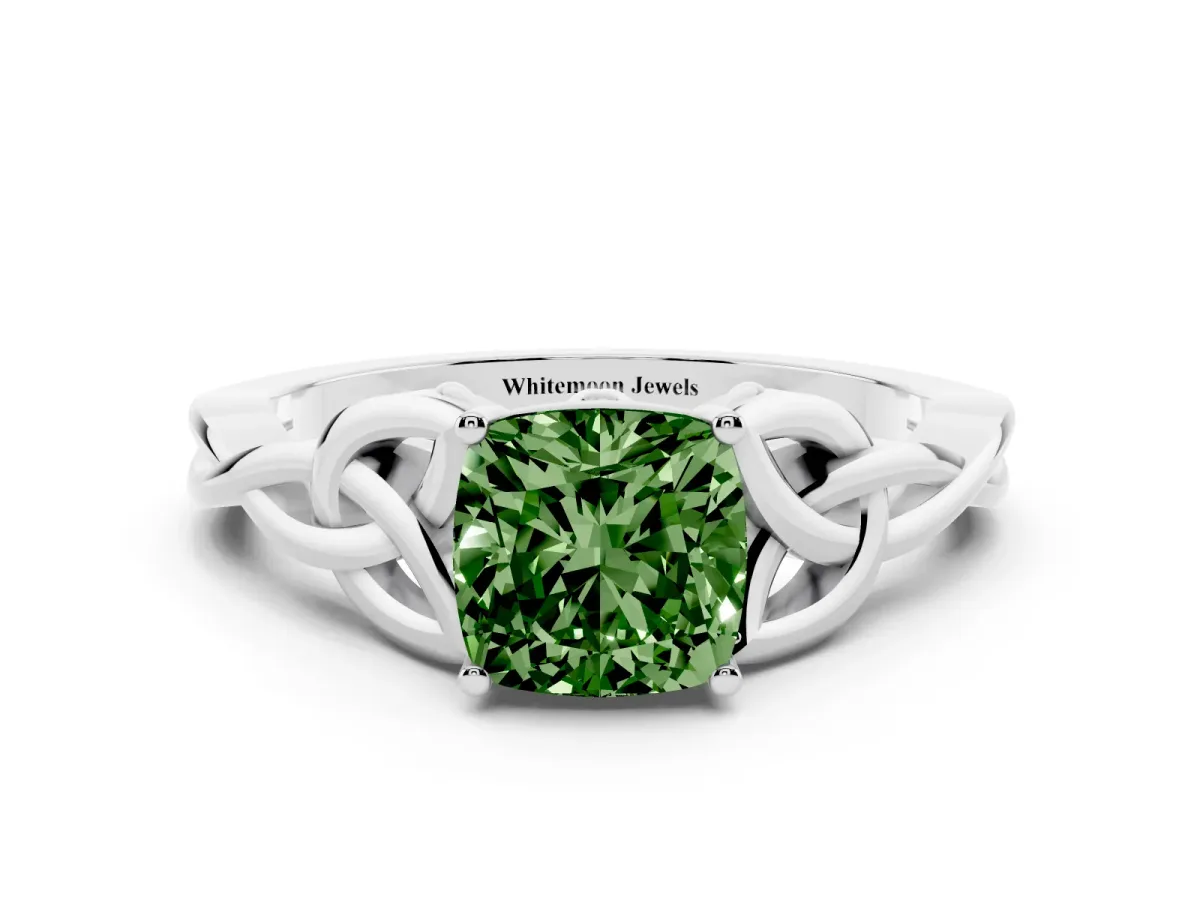 Fancy Green Cushion Cut Diamond Solitaire Engagement Ring with Celtic Knot Band and Four-Prong Setting Platinum