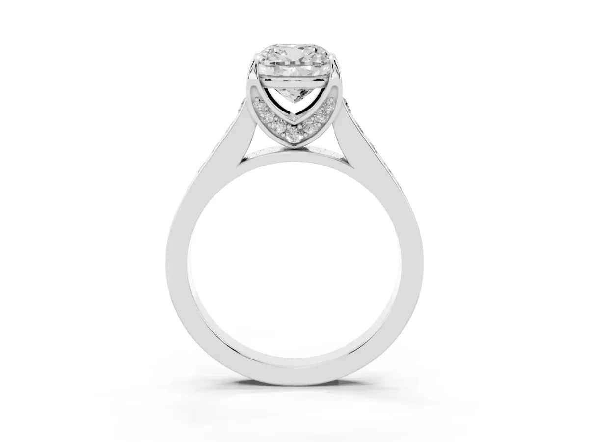 Cushion Cut Brilliant Cut Diamond Engagement Ring with Pavé Band and Four-Prong Setting Silver