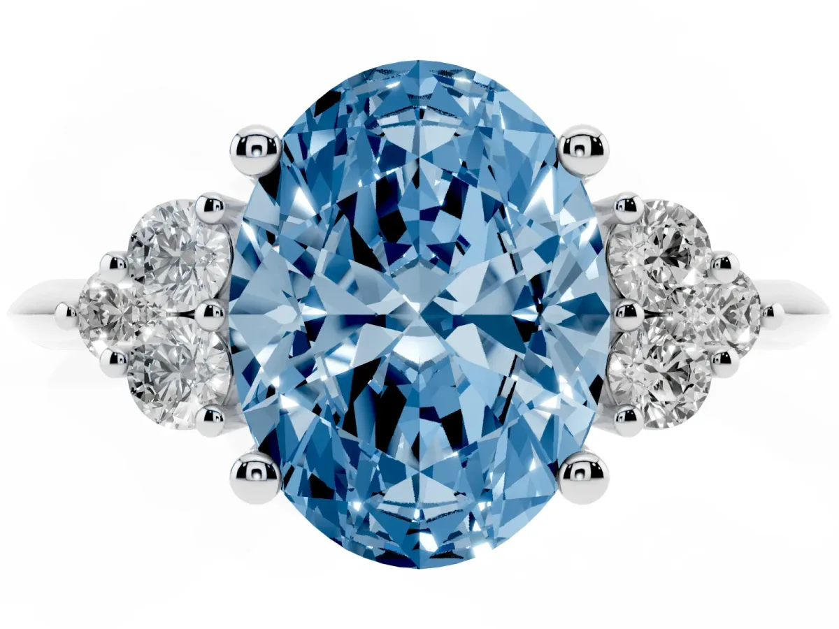 Fancy Blue Oval Cut Cut Diamond Cluster Ring with Solitaire Band and Four-Prong Setting Silver