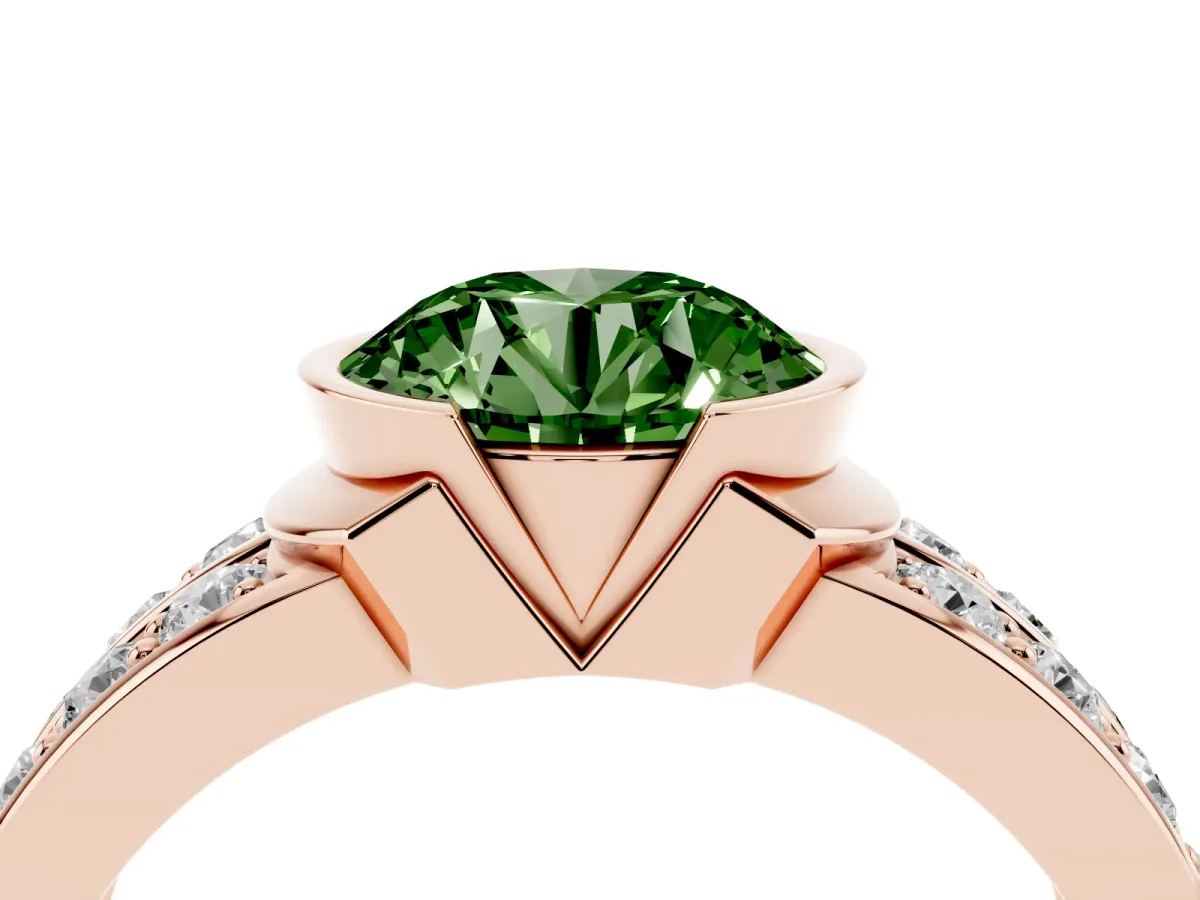 Fancy Green Round Cut Brilliant Diamond Channel Set Wide Band Ring with Bezel Setting Rose gold