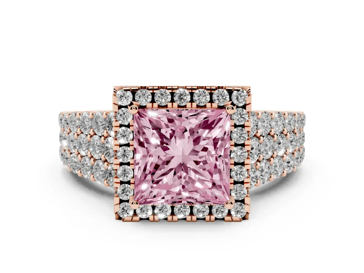 Fancy Pink Princess Cut Diamond Halo Engagement Ring with Triple Row Round Pavé Band and Prong Setting Rose gold
