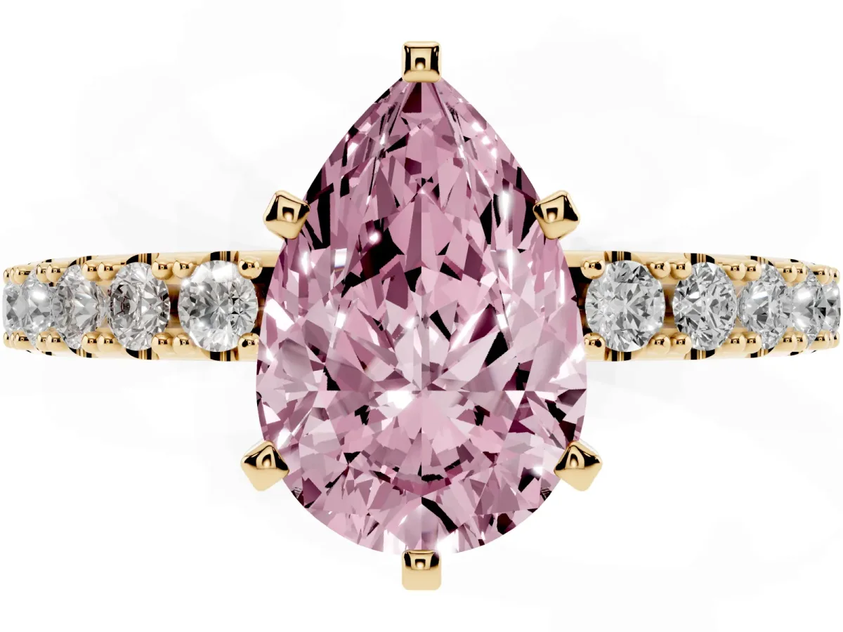 Fancy Pink Pear Cut Diamond Solitaire Pavé Band with Four-Prong Setting Yellow gold