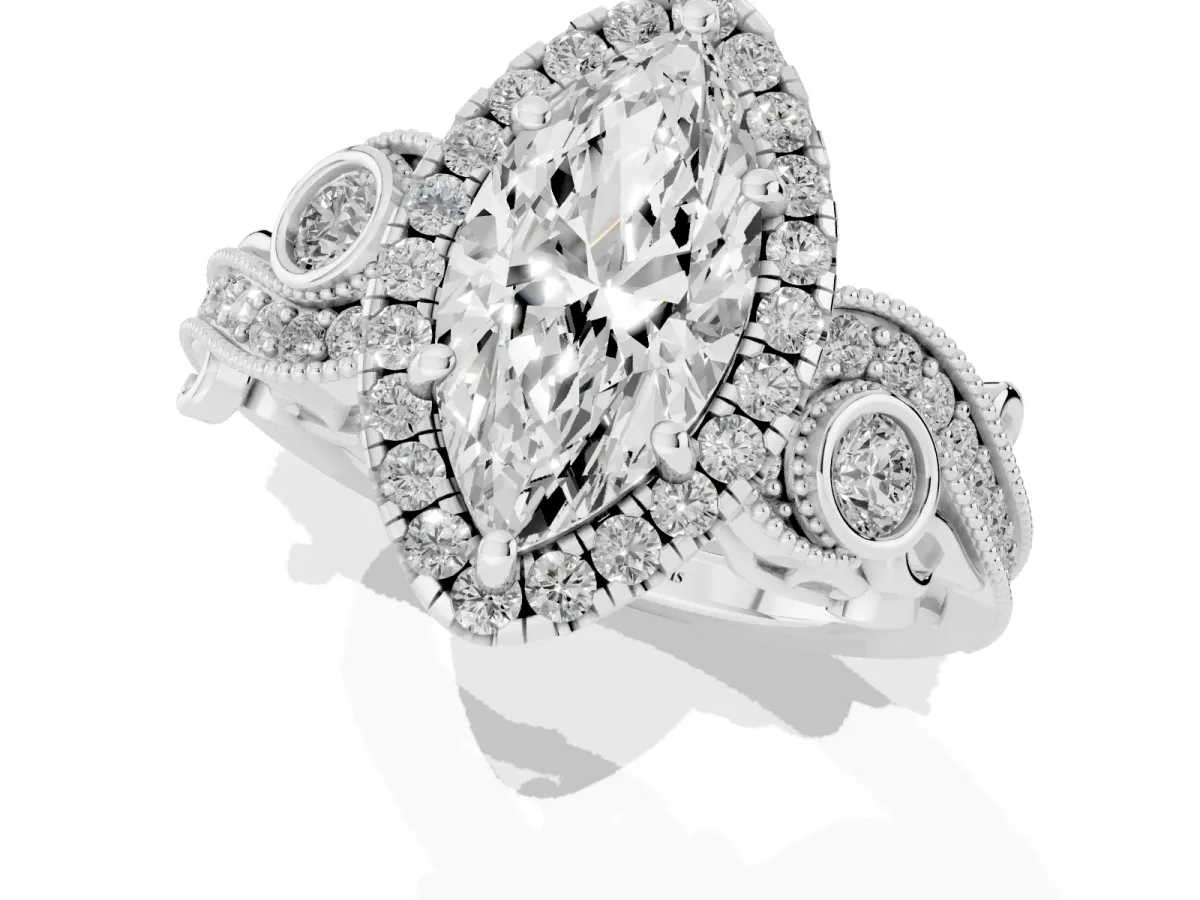 Marquise Cut Diamond Halo Ring with Milgrain Pavé Band and Four-Prong Setting White gold