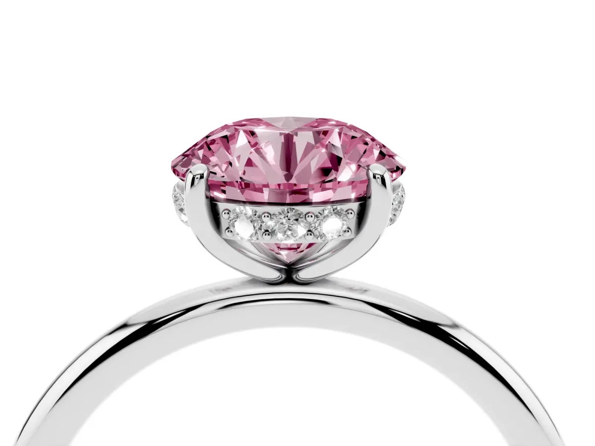 Fancy Pink Round Cut Solitaire Diamond Ring with a Classic Band and Four-Prong Setting Silver