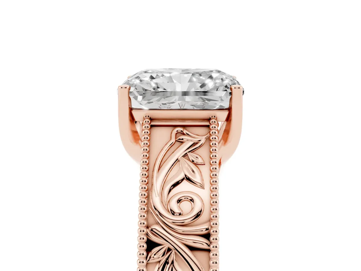 Radiant Cut Diamond Solitaire Ring with Engraved Band and Four-Prong Setting Rose gold