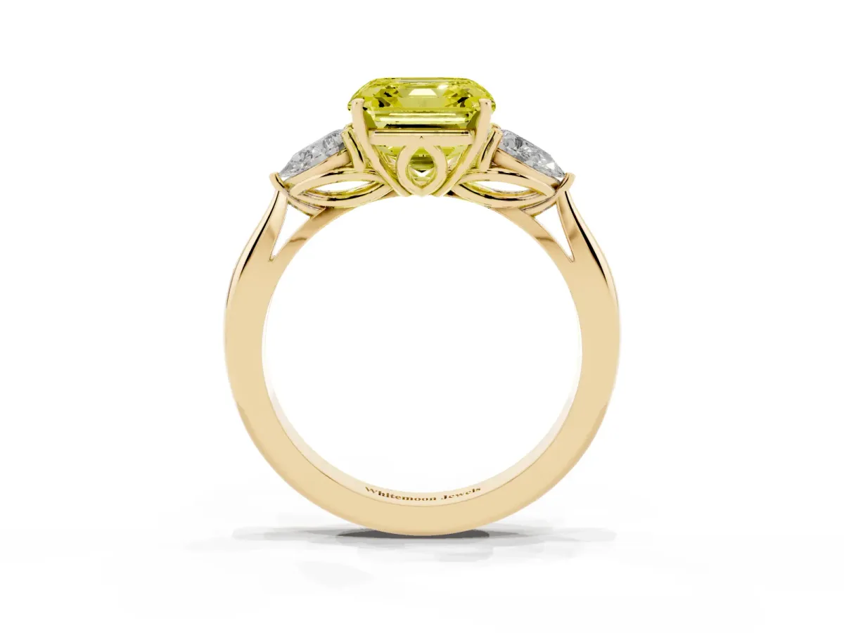 Fancy Yellow Three-Stone Asscher Cut Brilliant Diamond Solitaire Ring with Tapered Band and Four-Prong Setting Yellow gold