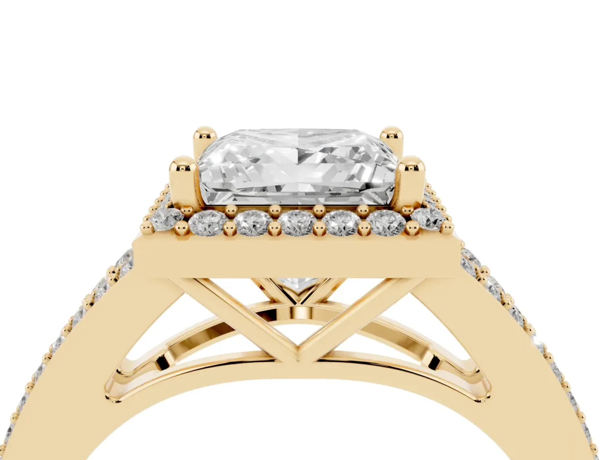 Princess Cut Halo Split Shank Diamond Ring with Prong Setting Yellow gold