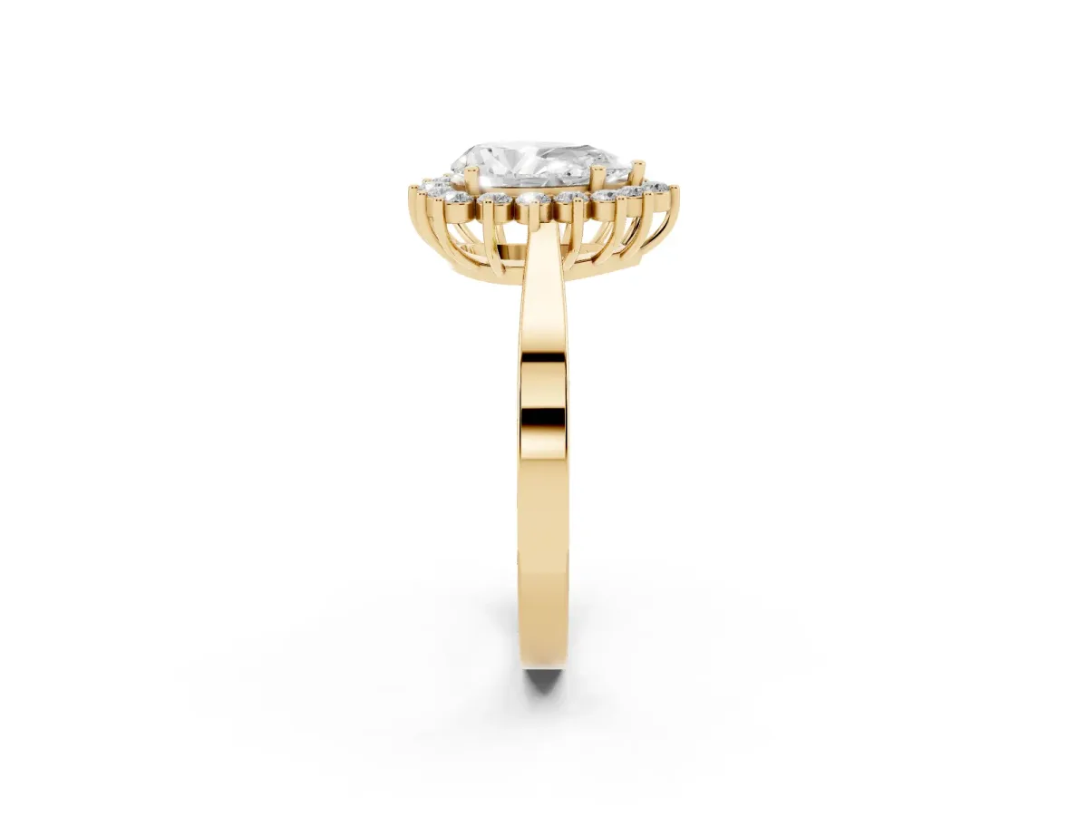 Pear Cut Cut Diamond Halo Ring with Round Brilliant Halo and Solitaire Band Yellow gold