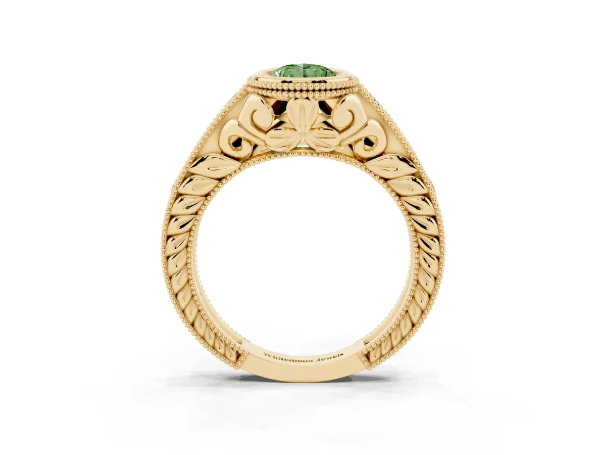 Fancy Green Bezel Set Pear Cut Diamond Milgrain Pave Engagement Ring Yellow gold